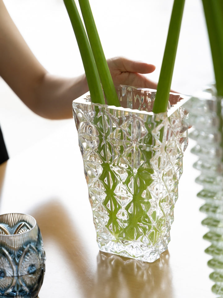 Antique French Handmade Pure Carved Crystal Vase with Rectangular Architectural Design
