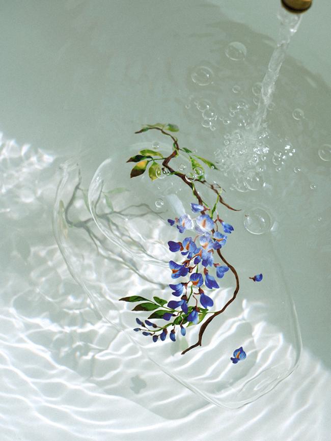 Art Deco Handmade Italian Blown Glass Vase and Glass Decor with Hand-Painted Wisteria Design