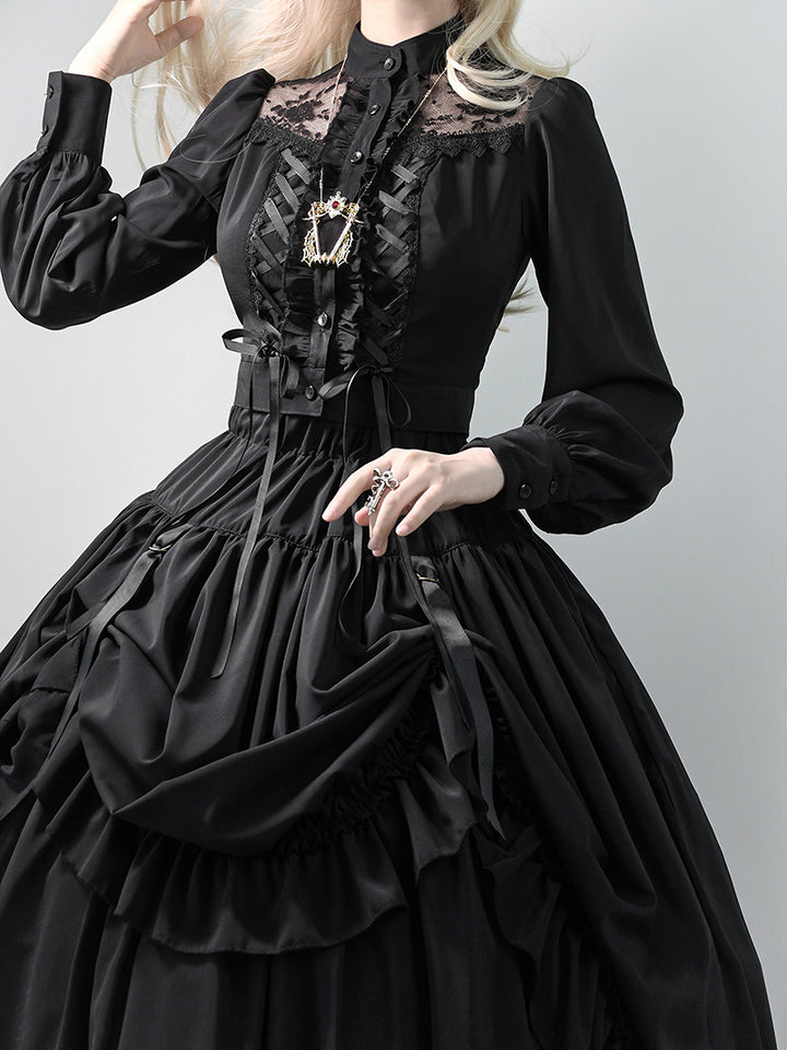 Victorian-Inspired Gothic Black Lace High Neck Ball Gown with Tiered Ruffled Skirt – Corset Back Evening Dress Plus Size