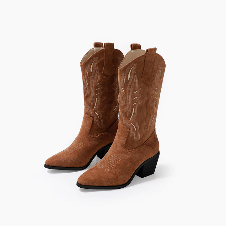 Vintage-Inspired Handmade Brown Suede Cowgirl Boots and Boho Western Mid Calf Boots in Brushed Suede Leather