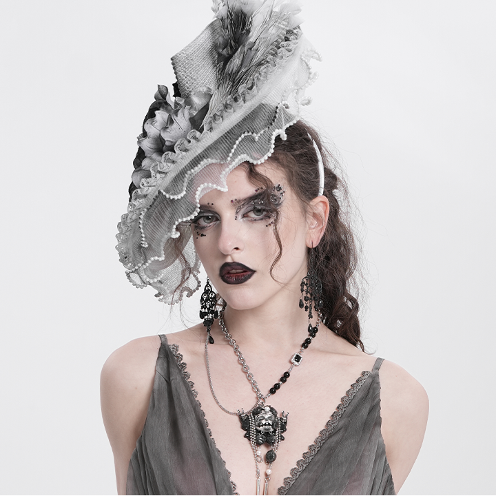 Victorian-Inspired Black and Silver Gothic Lace Fascinator Hat with Roses and Feathers