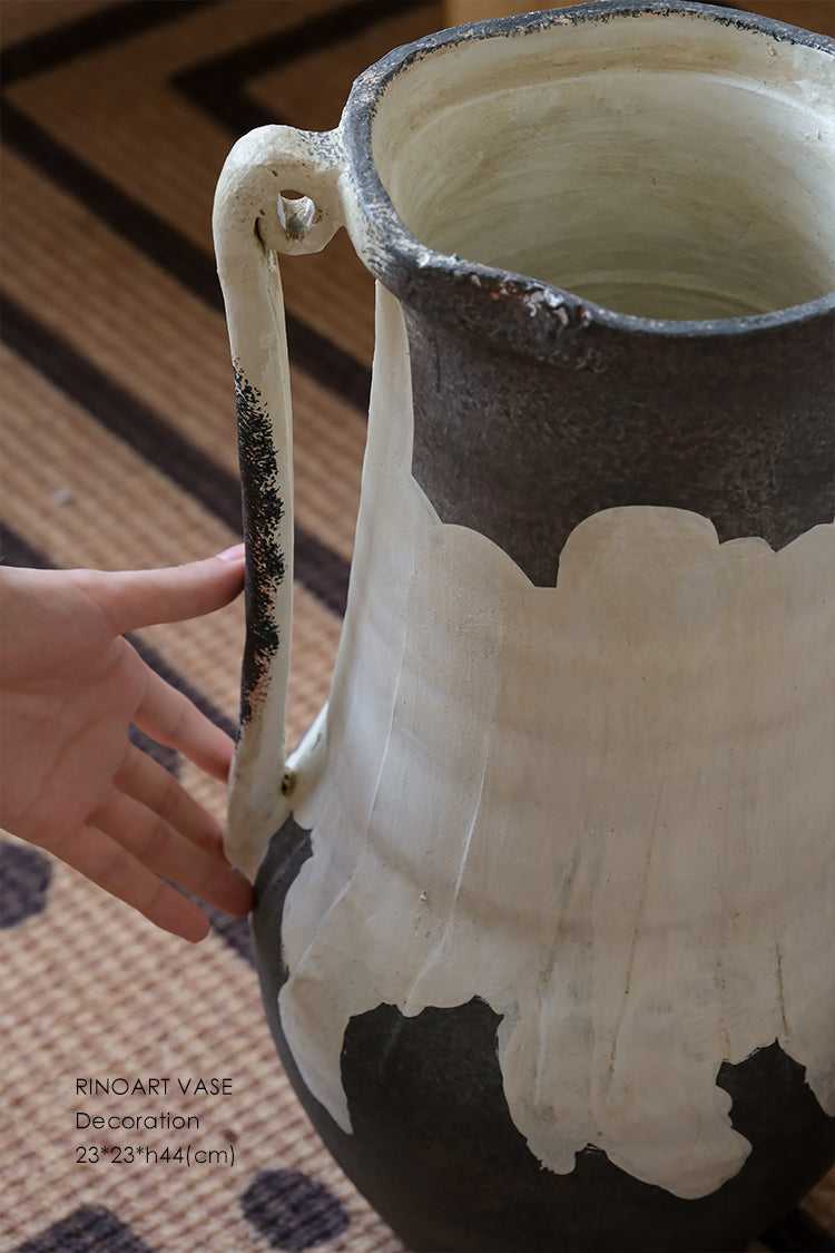 Artistical Handmade Moroccan Black and White Clay Vase with Rustic Minimalist Finish