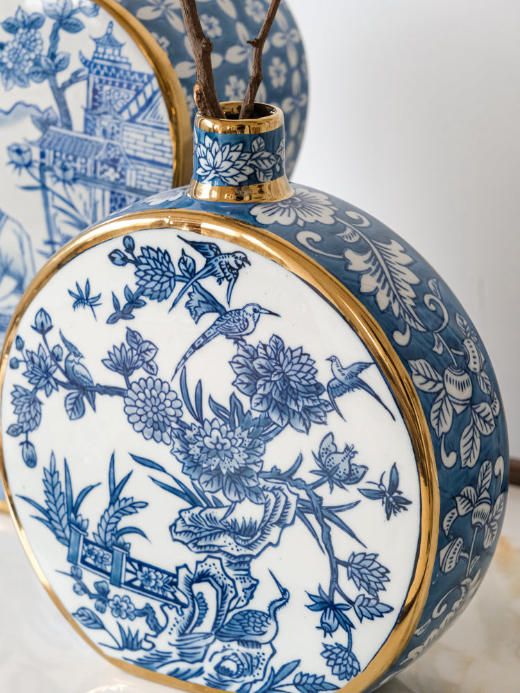 French Imported Oriental Hand-Painted Blue and White Porcelain Vases with Gilded Accents