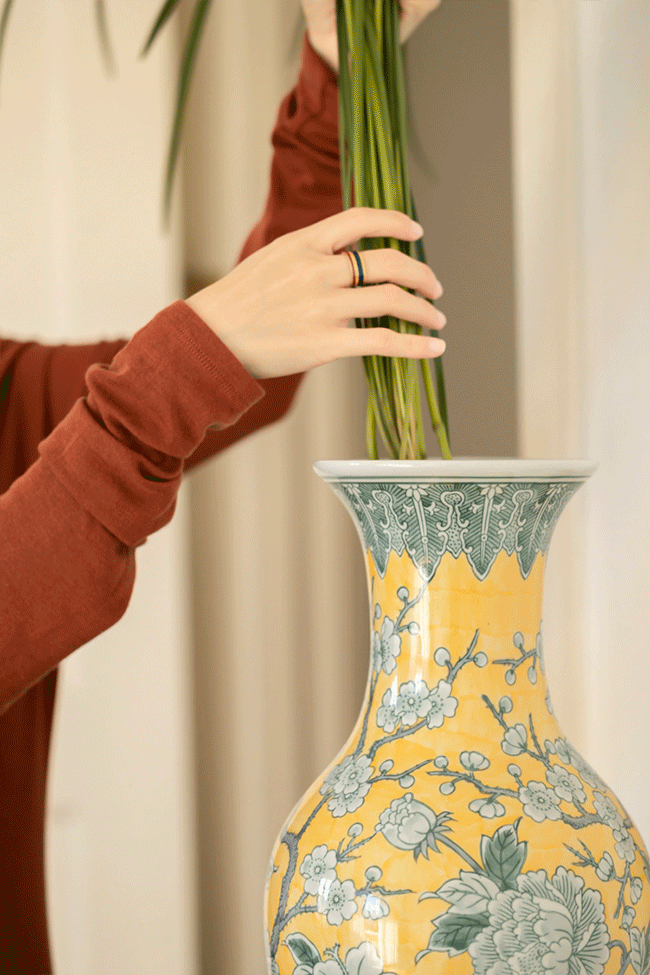 Antique European Imported Handmade Yellow Porcelain Vase with Hand-Painted Floral Motifs