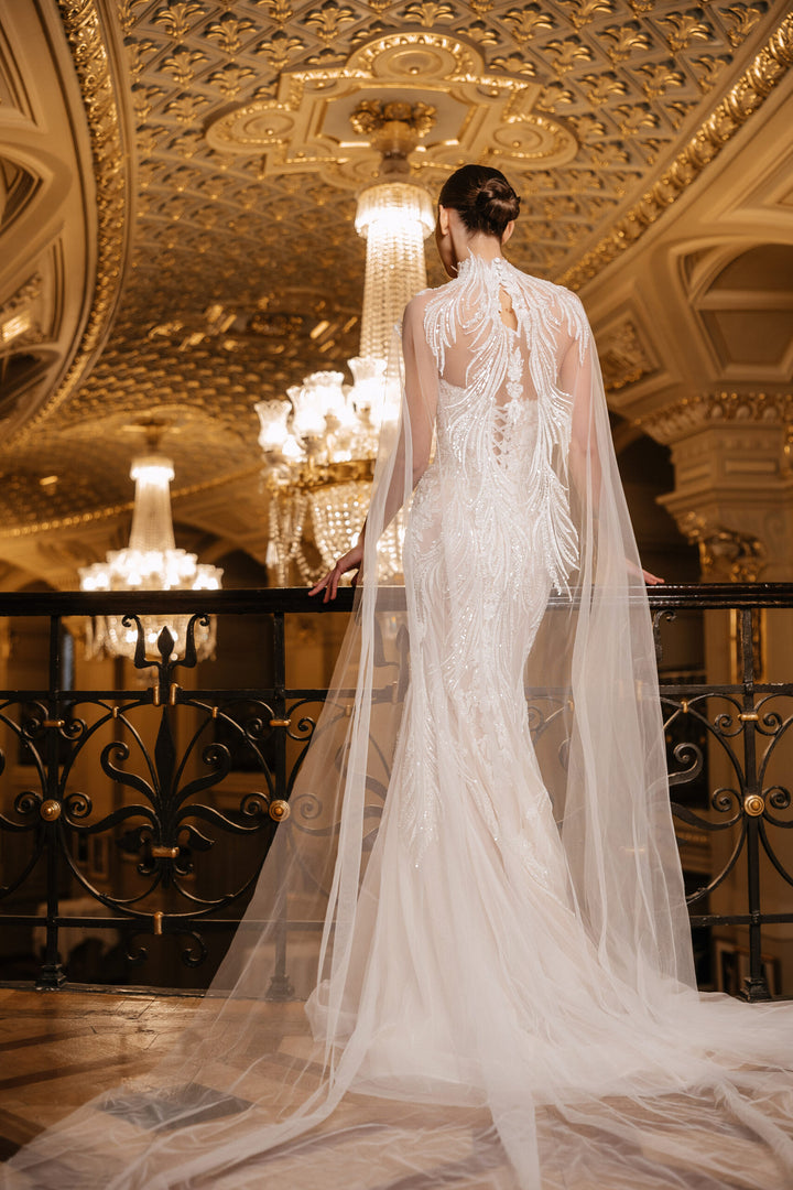 Ivory Lace Mermaid Style Wedding Gown with Cape – Sequin Wedding Dress with Sleeveless and Corset Plus Size – GABRIELLE