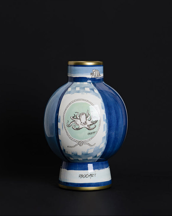 Antique Italian Blue and White Porcelain Vase Inspired by Richard Ginori with Hand-Painted Gilded Maritime Motifs