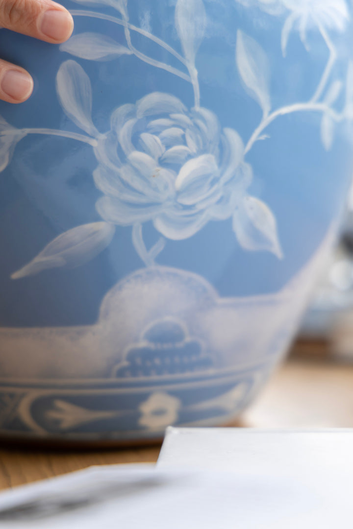 Antique Italian Smoky Blue and White Porcelain Vase with Hand-Painted Floral Motifs and Gilded Rim