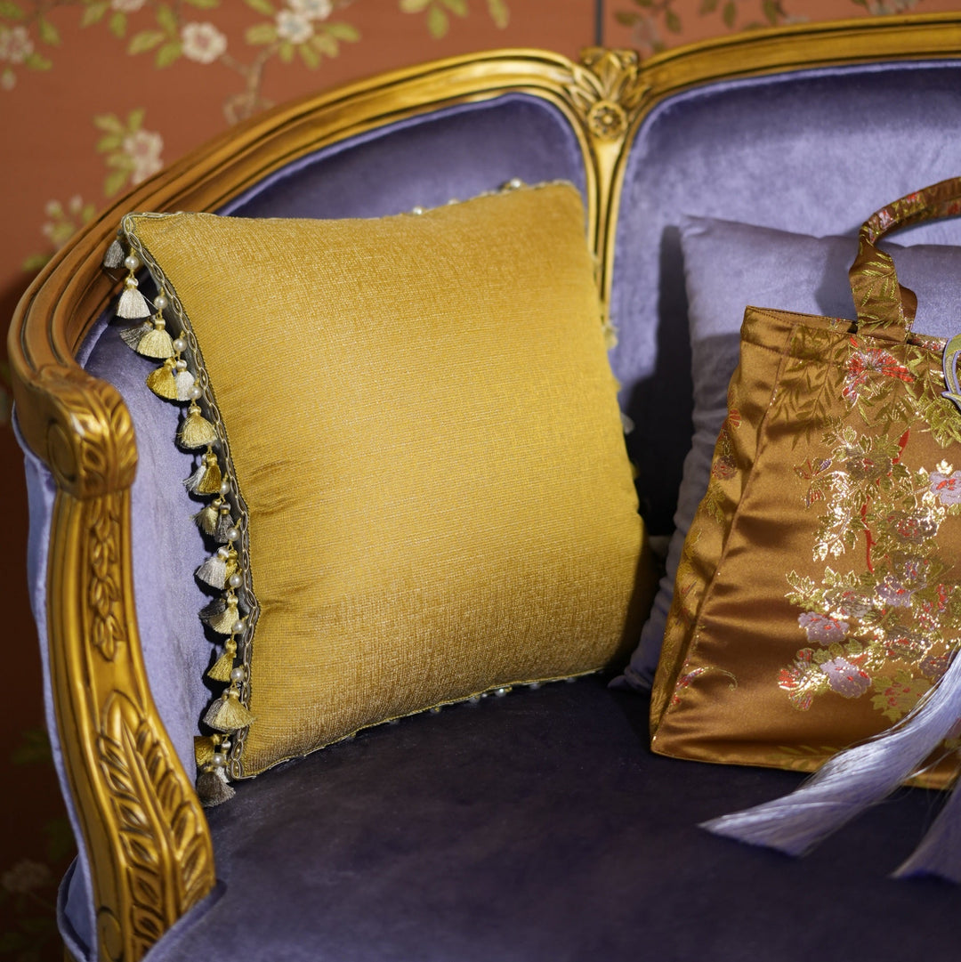 Golden Tassel Embroidered Throw Pillow – Handmade Luxury Satin Cushion with Fringe Trim