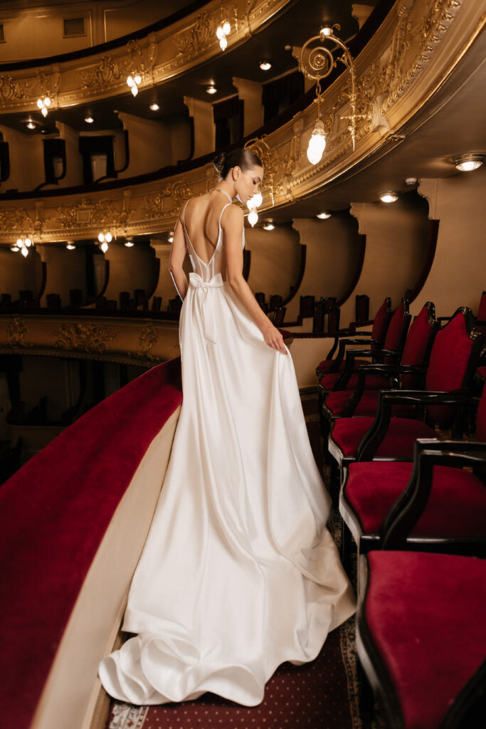 Ivory A-Line Wedding Dress with Removable Bow – Sleeveless Wedding Dress with Plunging Neckline Plus Size – ELIZA