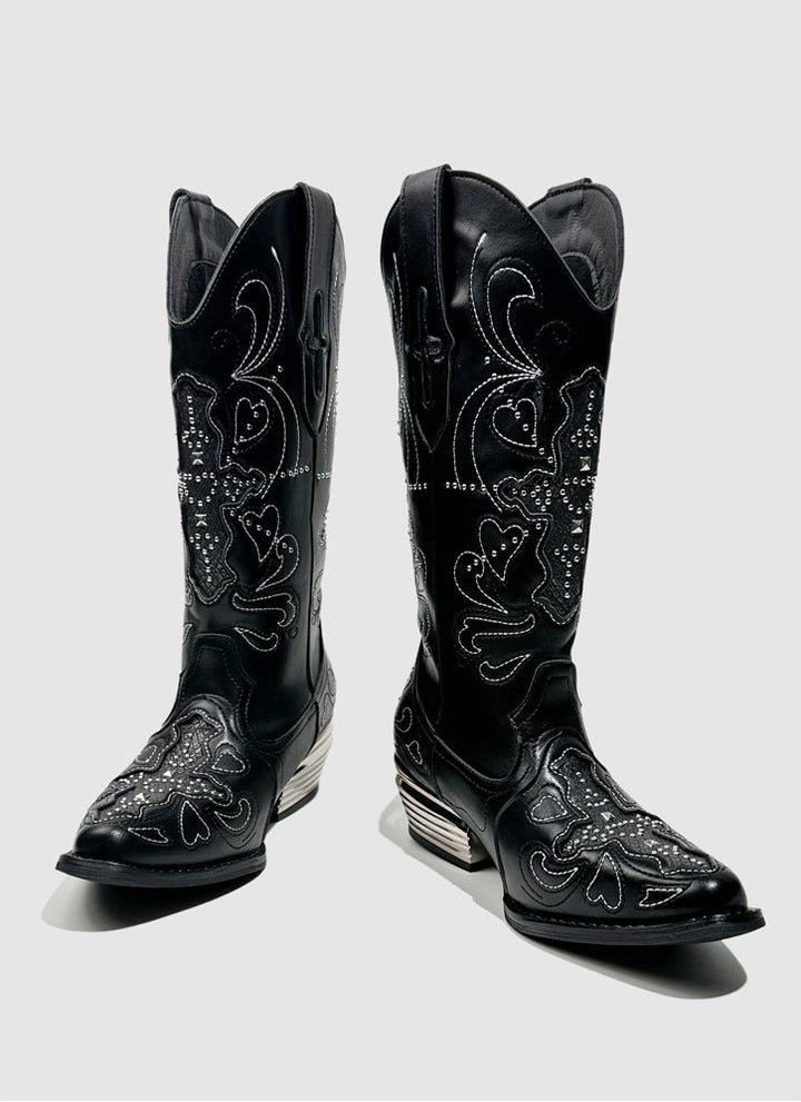 Vintage-Inspired Handcrafted Gothic Black Cowhide Leather Rhinestone Cowgirl Boots with Embroidered