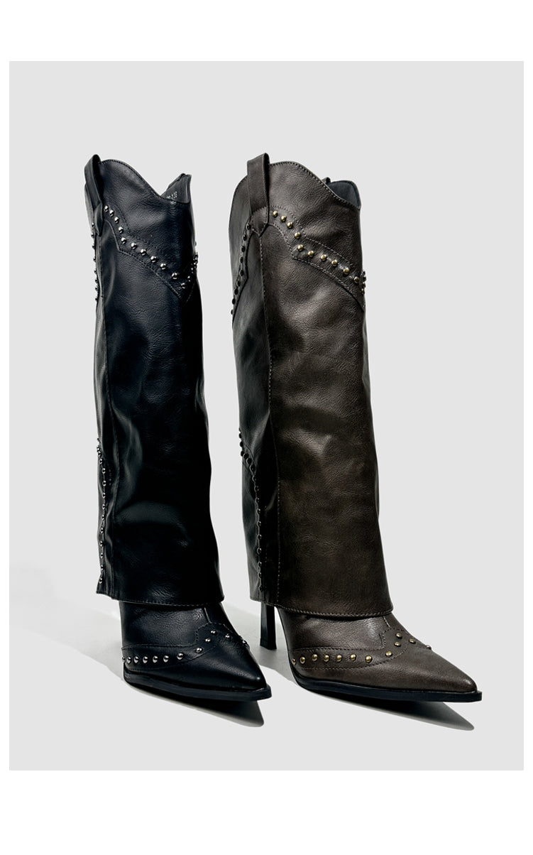 Vintage-Inspired Handmade Gothic Black Cowhide Leather Cowgirl Boots and Boho Western Heeled Boots