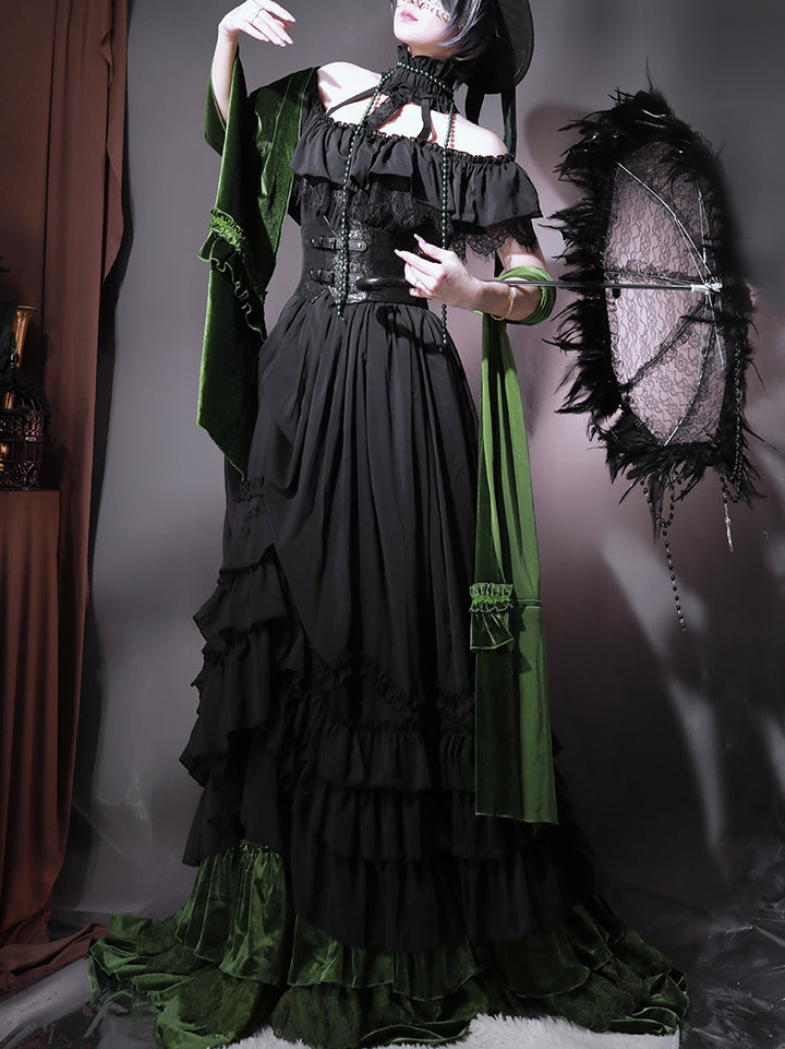 Victorian-Inspired Black Gothic Halter Ball Gown with Lace Ruffles – Lolita Dress with Off-Shoulder Design Plus Size