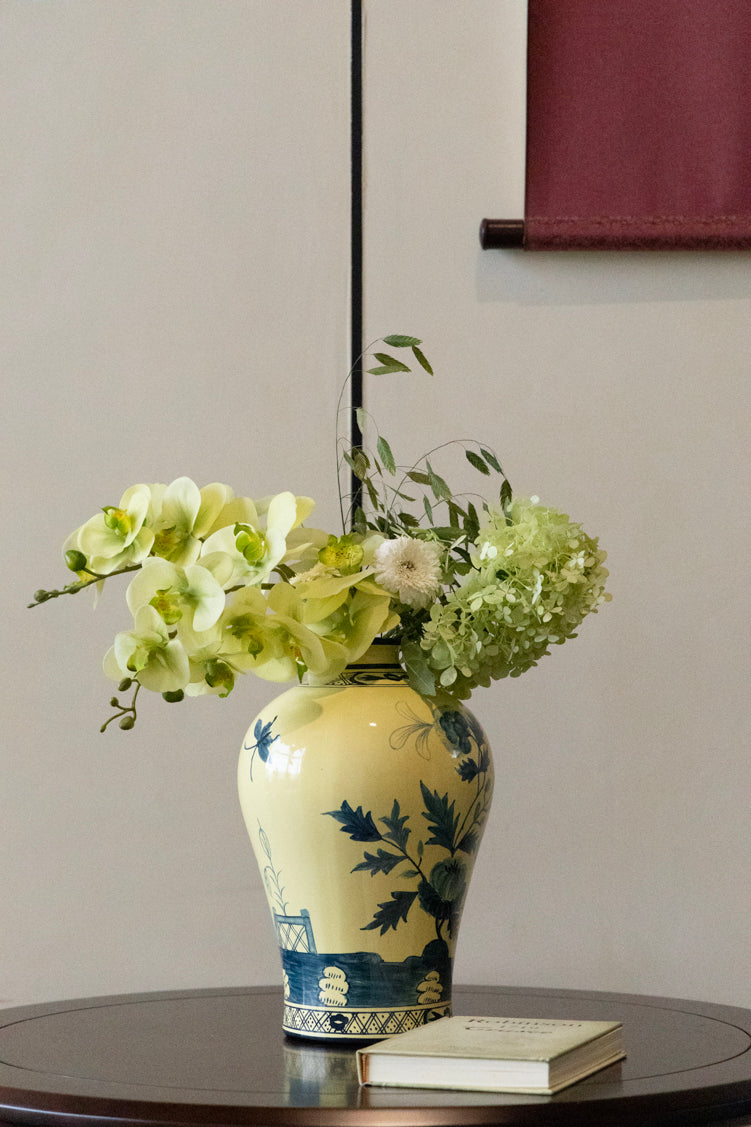 Oriental Italian Handmade Porcelain Vase in Naples Yellow with Cobalt Blue Floral Motifs