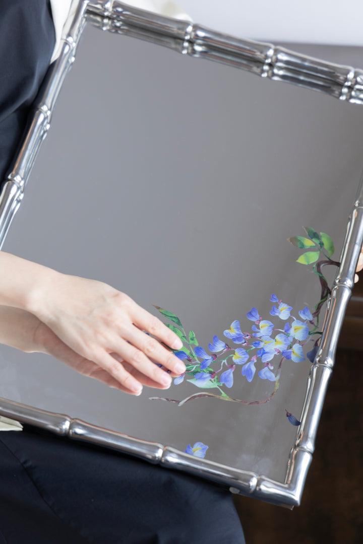 Art Deco Handmade Bamboo-Style Frame Mirror with Hand-Painted Wisteria