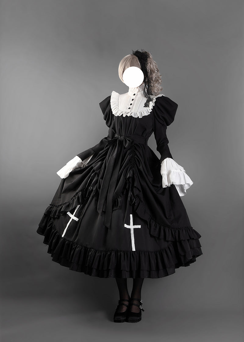 Victorian-Inspired Black and White Gothic Ball Gown with Cross Embroidery – Edwardian High Neck Lolita Dress Plus Size