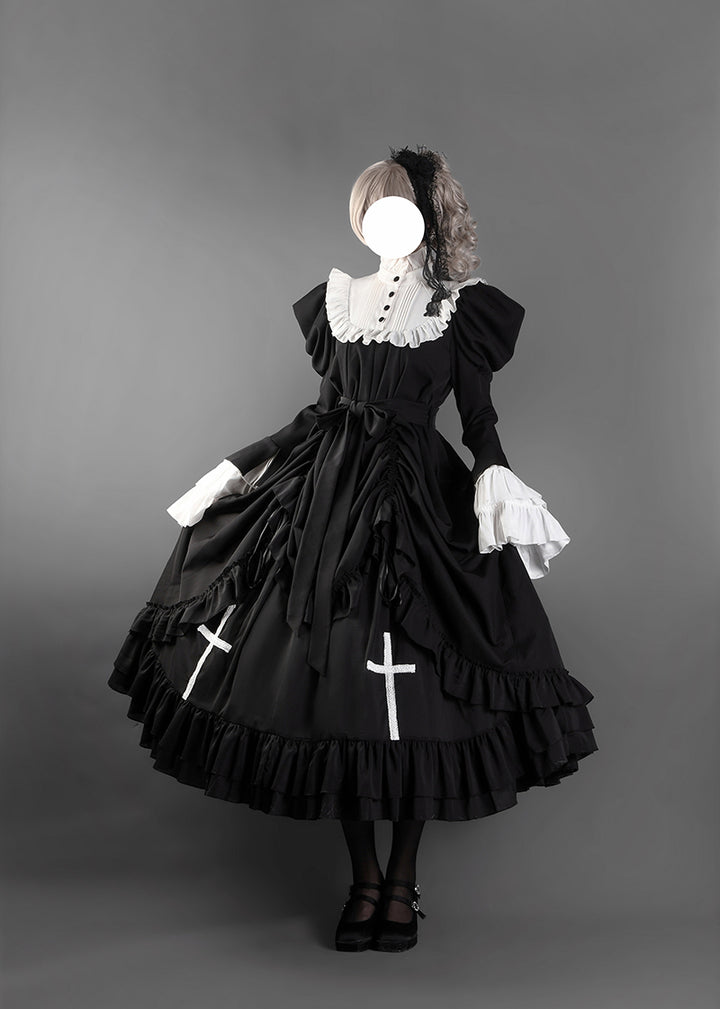 Victorian-Inspired Black and White Gothic Ball Gown with Cross Embroidery – Edwardian High Neck Lolita Dress Plus Size