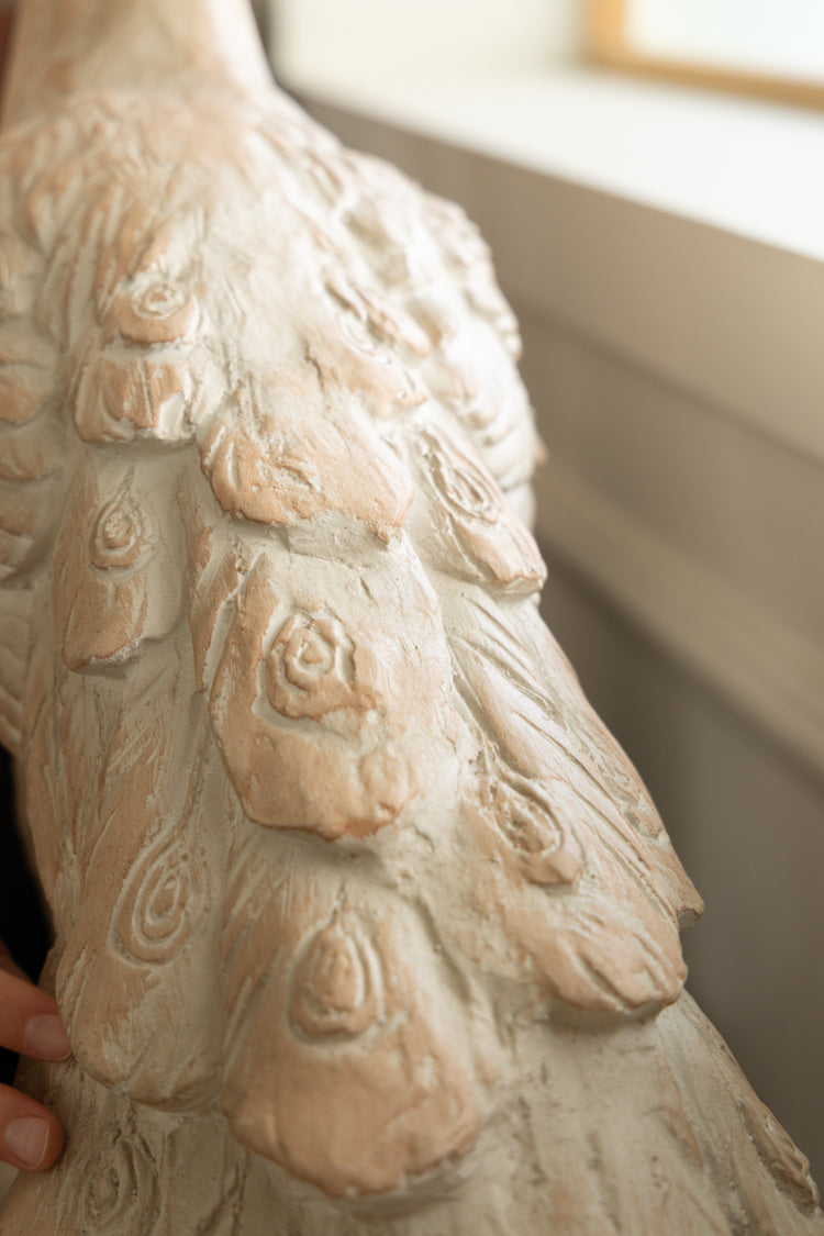 Medieval Handmade French White Peacock Sculpture and Decorative Figurine in Sun-Bleached Ivory Finish