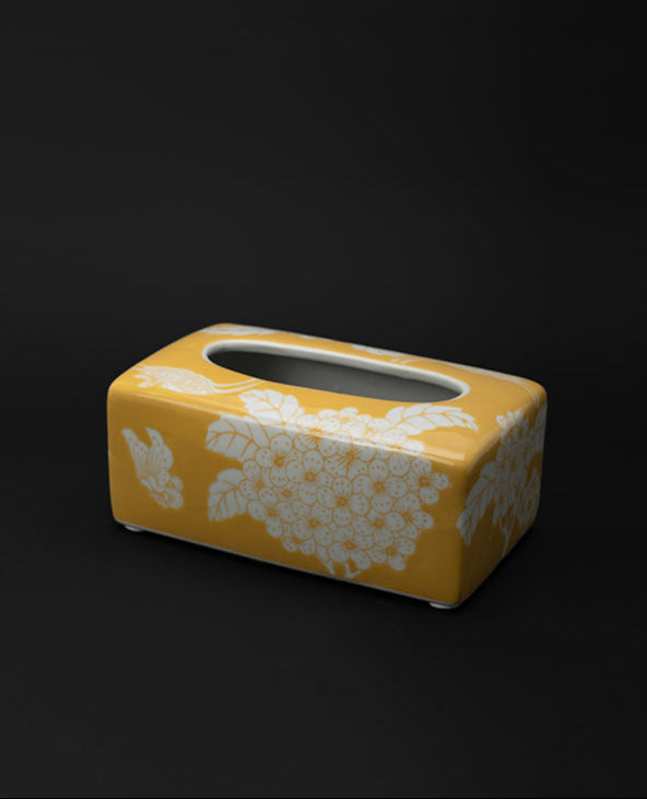Oriental Handmade Yellow Porcelain Tissue Box with Hand-Painted Underglaze Motif