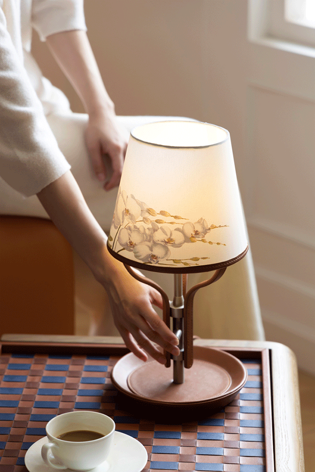 Oriental Handmade Orchid Designer Lamps with Linen Shade and Italian Leather Base