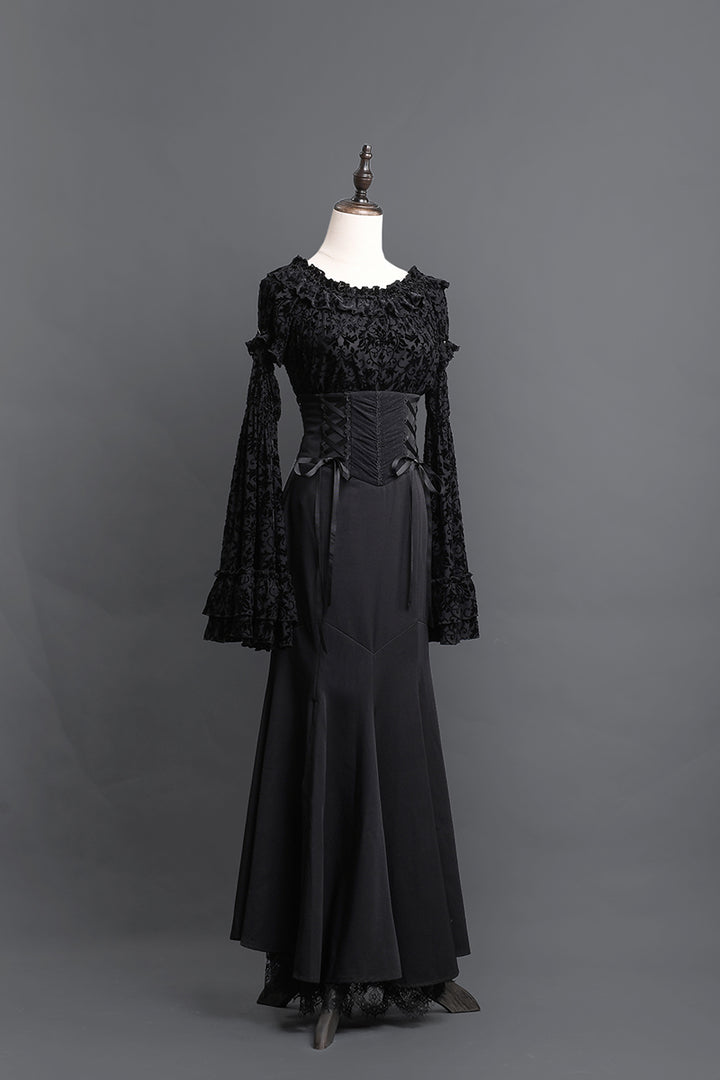 Victorian-Inspired Black Gothic Long Sleeve Velvet Evening Dress with Corset Waist – Lace Evening Gown Plus Size