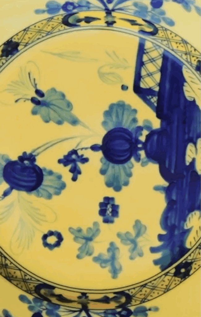 Oriental Italian Handmade Porcelain Vase in Naples Yellow with Cobalt Blue Floral Motifs