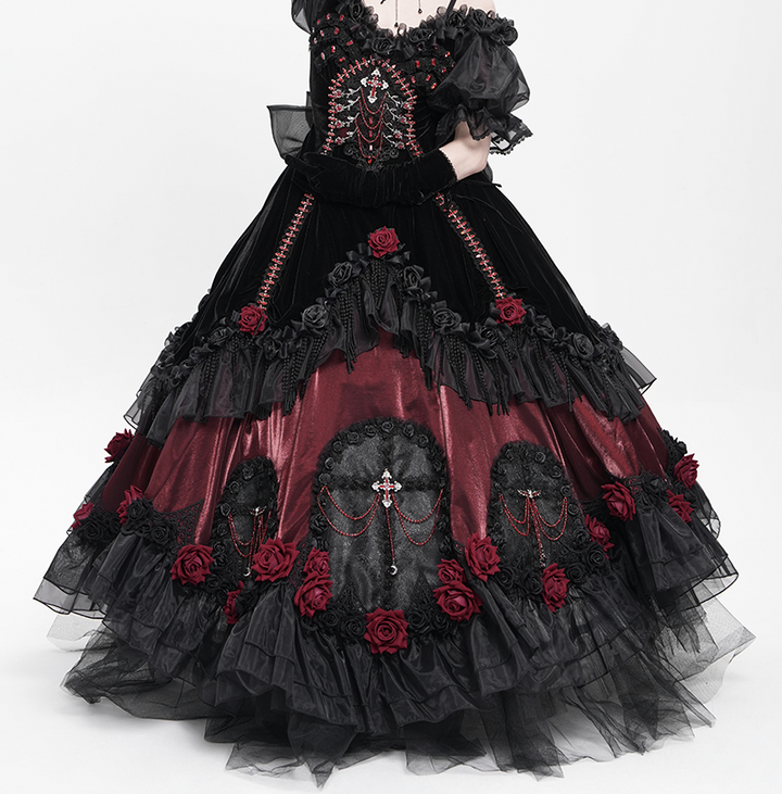 Victorian-Inspired Black Gothic Lolita Ball Gown with Burgundy Satin and Edwardian Lace – Gothic Evening Dress Plus Size
