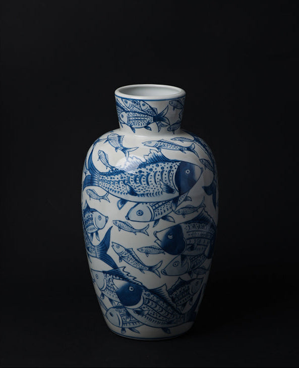 Oriental Handmade French Blue and White Porcelain Vase and Box Set with Hand-Painted Fish Motifs