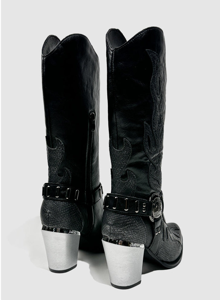 Vintage-Inspired Handmade Gothic Black Cowhide Leather Cowgirl Boots with Metal Heel Western Mid Calf Boots