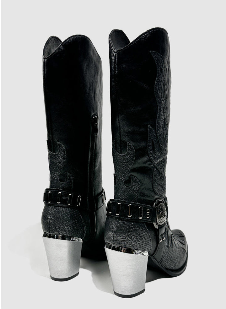 Vintage-Inspired Handmade Gothic Black Cowhide Leather Cowgirl Boots with Metal Heel Western Mid Calf Boots