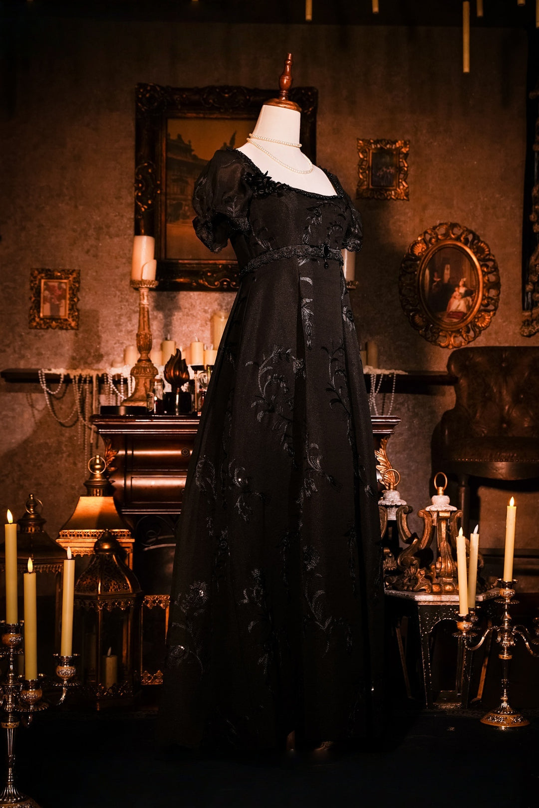 Regency Era Black Empire Waist Dress with Sheer Puff Sleeves and Tonal Embroidery Bridgerton Inspired Vintage Gown Plus Size Regency Era Black Empire Waist Dress with Sheer Puff Sleeves and Tonal Embroidery Bridgerton Inspired Vintage Gown Plus Size