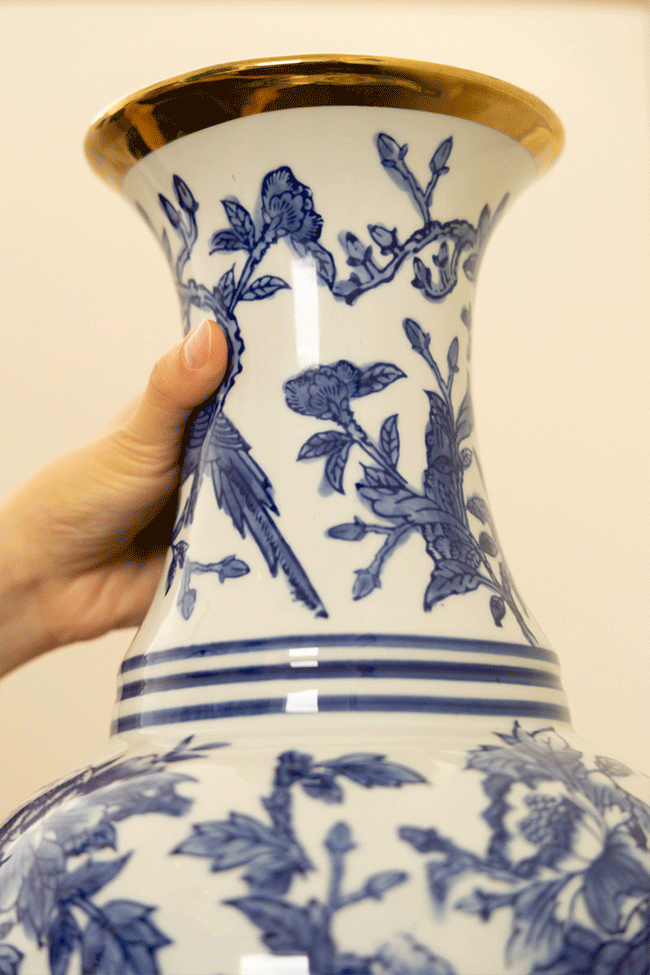 Oriental Handcrafted French Import Blue and White Porcelain Vase with Gilded Accents Wide-Mouth Belly Shape