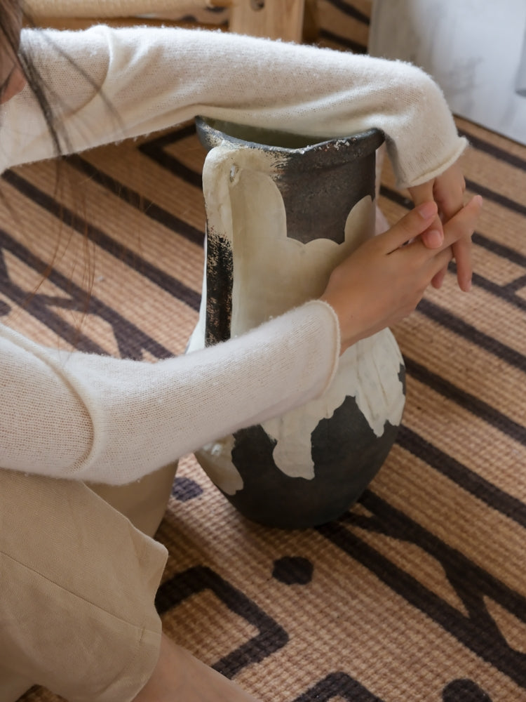 Artistical Handmade Moroccan Black and White Clay Vase with Rustic Minimalist Finish
