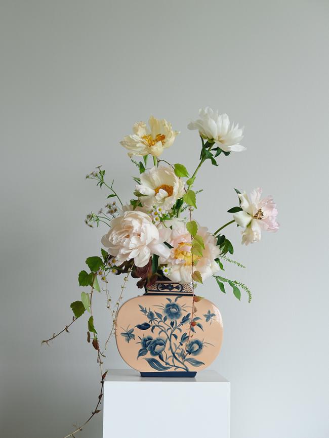 Antique Italian Porcelain Vase with Hand Painted Blue Floral Design in Spring Pink