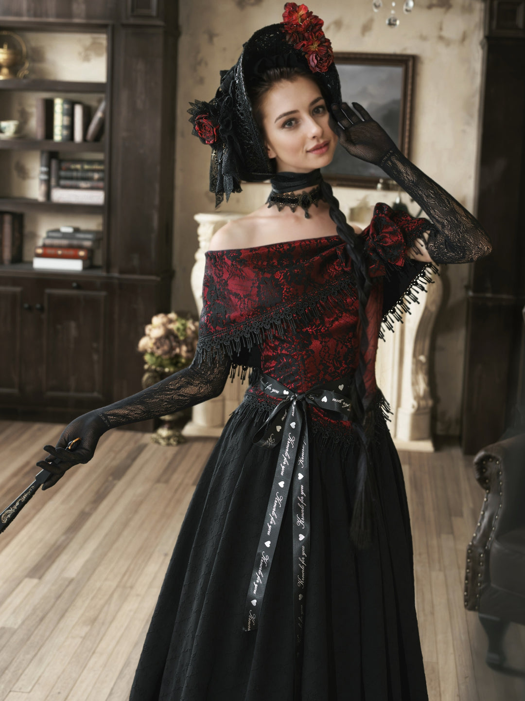 Victorian-Inspired Gothic Black and Red Gothic Dress with Satin Corset Bodice – Off-Shoulder Ball Gown Plus Size