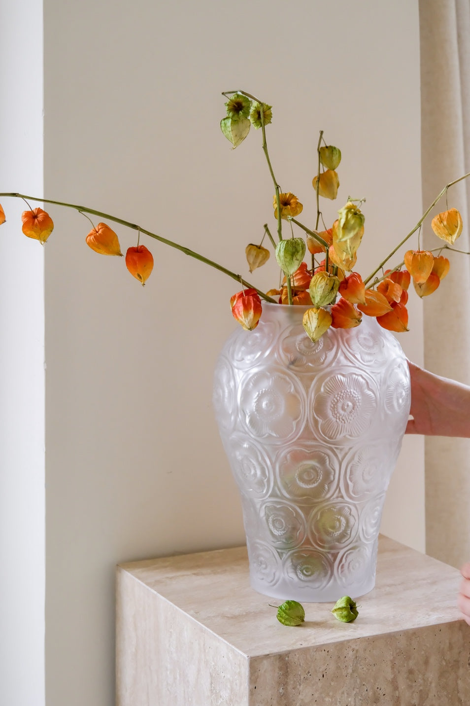 Antique French Handcrafted Transparent Frosted Crystal Glass Vase with Embossed Floral Motifs