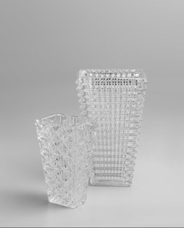Antique French Handmade Pure Carved Crystal Vase with Rectangular Architectural Design