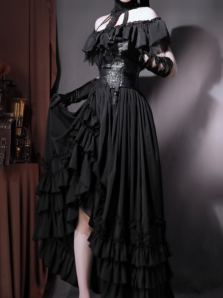 Victorian-Inspired Black Gothic Halter Ball Gown with Lace Ruffles – Lolita Dress with Off-Shoulder Design Plus Size