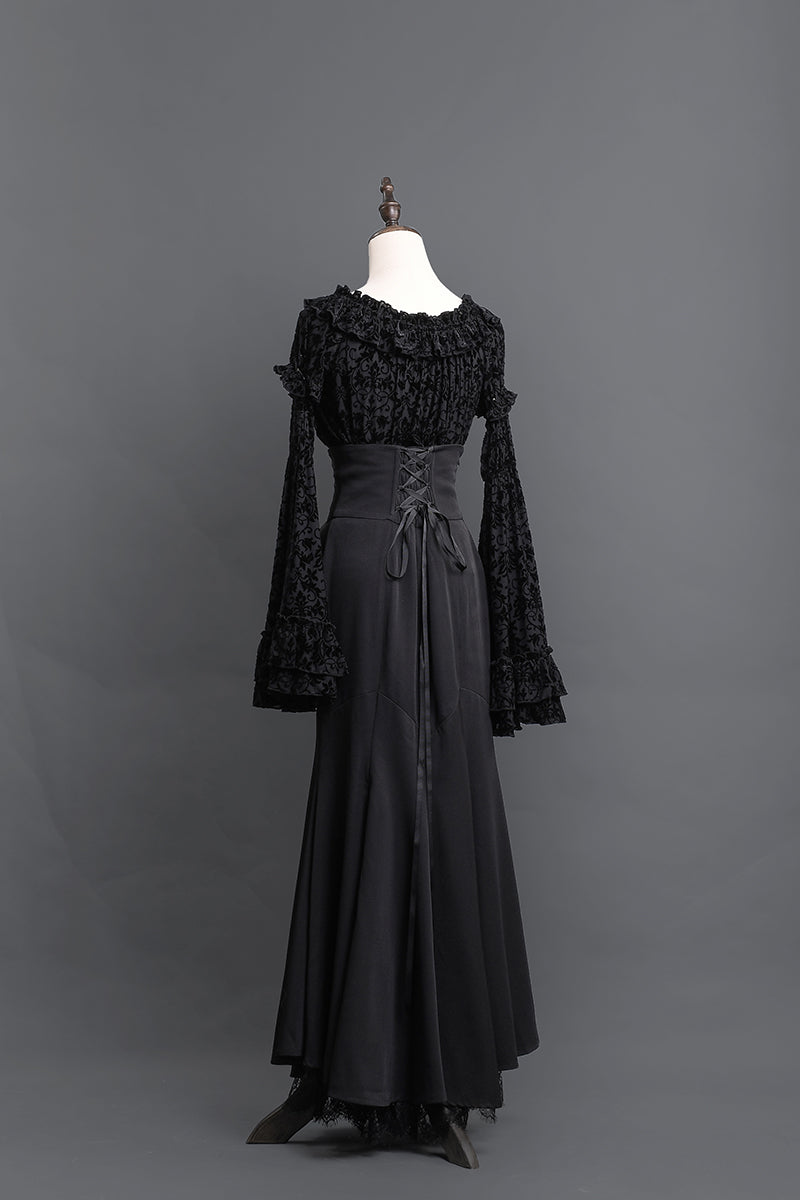 Victorian-Inspired Black Gothic Long Sleeve Velvet Evening Dress with Corset Waist – Lace Evening Gown Plus Size