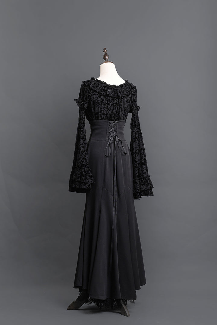 Victorian-Inspired Black Gothic Long Sleeve Velvet Evening Dress with Corset Waist – Lace Evening Gown Plus Size