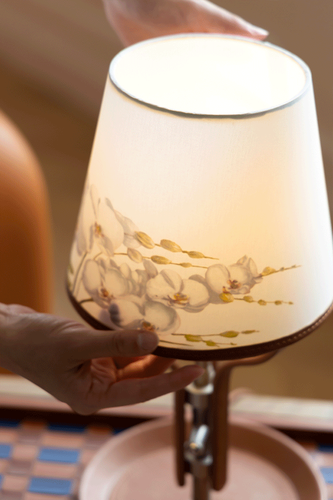 Oriental Handmade Orchid Designer Lamps with Linen Shade and Italian Leather Base