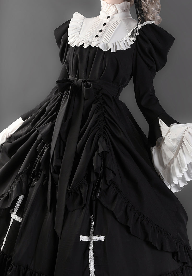 Victorian-Inspired Black and White Gothic Ball Gown with Cross Embroidery – Edwardian High Neck Lolita Dress Plus Size