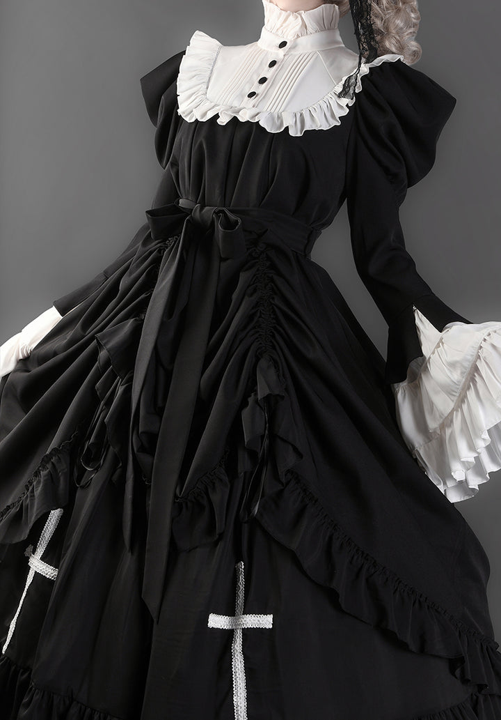 Victorian-Inspired Black and White Gothic Ball Gown with Cross Embroidery – Edwardian High Neck Lolita Dress Plus Size