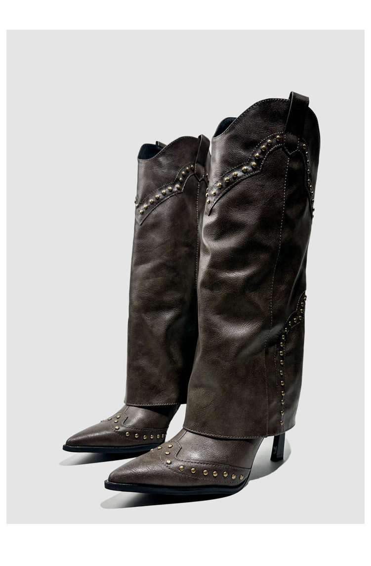 Vintage-Inspired Handmade Gothic Black Cowhide Leather Cowgirl Boots and Boho Western Heeled Boots