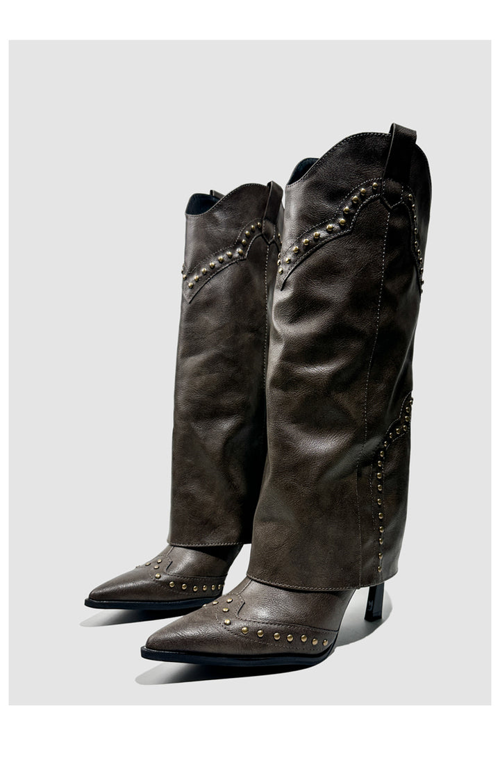Vintage-Inspired Handmade Gothic Black Cowhide Leather Cowgirl Boots and Boho Western Heeled Boots