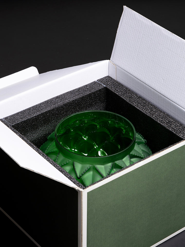 French Imported Art Deco Handmade Emerald Green Frosted Crystal Vase with Carved Art Glass Design