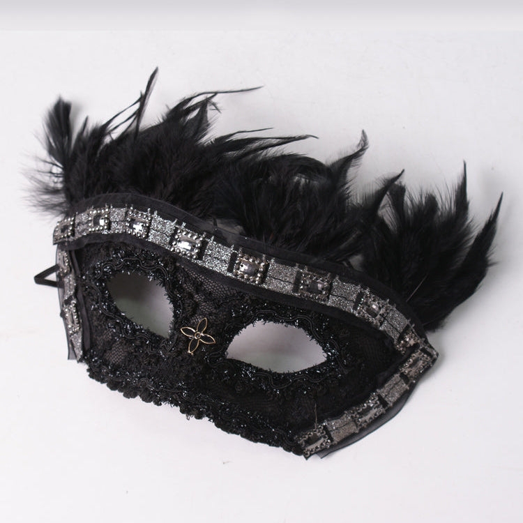 Victorian-Inspired Handcrafted Gothic Black Masquerade Mask for Men – Lace Mardi Gras Mask with Feather