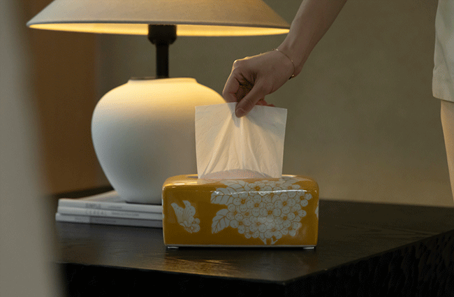 Oriental Handmade Yellow Porcelain Tissue Box with Hand-Painted Underglaze Motif