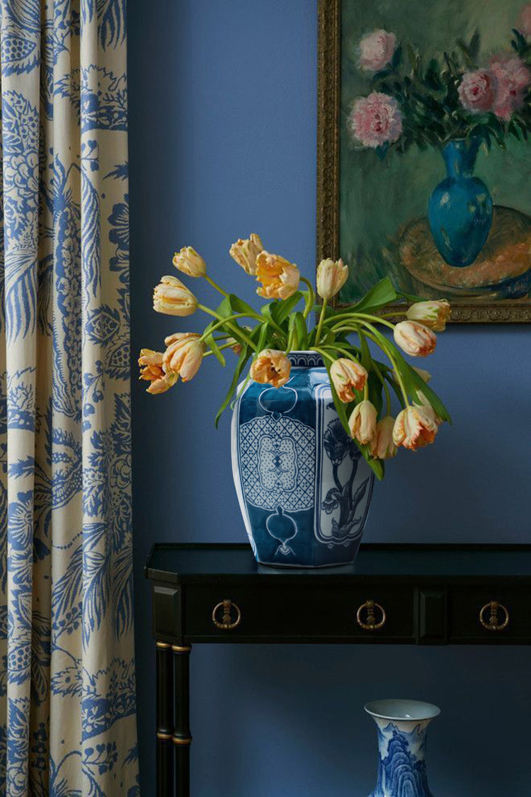 Antique Handmade Blue and White Porcelain Vase with Hand Painted Floral and Pomegranate Design