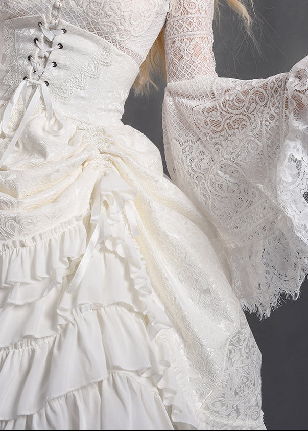 Victorian-Inspired White Lace Corset Dress with Bell Sleeves – Layered Ruffle High-Low Bridal Gown Plus Size