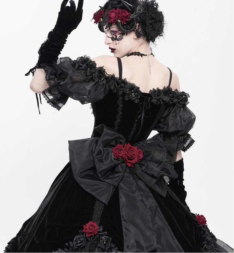 Victorian-Inspired Black Gothic Lolita Ball Gown with Burgundy Satin and Edwardian Lace – Gothic Evening Dress Plus Size